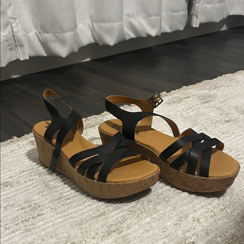 Kork-Ease Black and Tan Cork Wedge Sandals